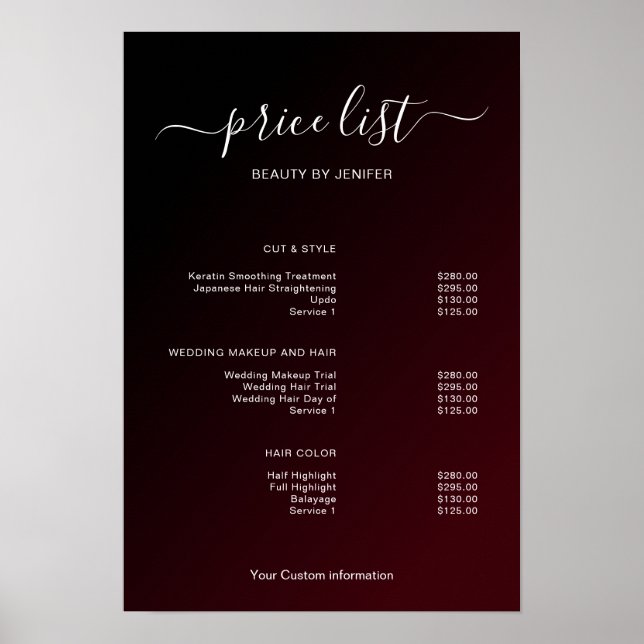 Poster Modern Minimalist Salon Price List Sign for Beauty (Frente)