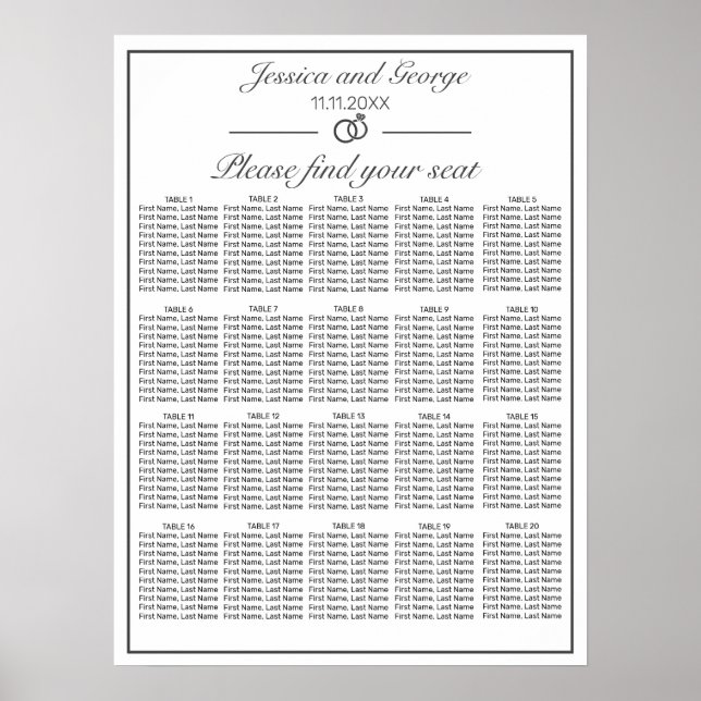 Poster Modern Minimalist White Seating Chart 20 Tables (Frente)