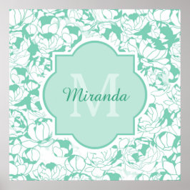 Pôster Modern Mint Green Floral Girly Monograma Com Nome