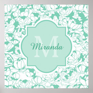 Pôster Modern Mint Green Floral Girly Monograma Com Nome