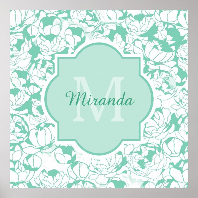 Pôster Modern Mint Green Floral Girly Monograma Com Nome (Frente)