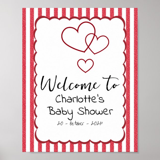 Poster Modern Red Chalk Stripes Triple Hearts Baby Shower (Frente)