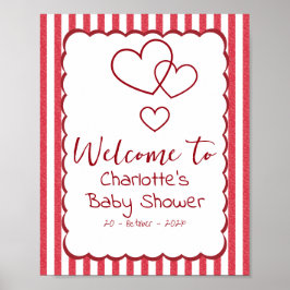 Poster Modern Red Chalk Stripes Triple Hearts Baby Shower