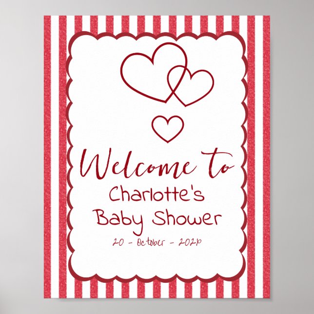 Poster Modern Red Chalk Stripes Triple Hearts Baby Shower (Frente)