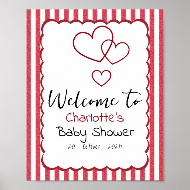 Poster Modern Red Chalk Stripes Triple Hearts Baby Shower (Frente)