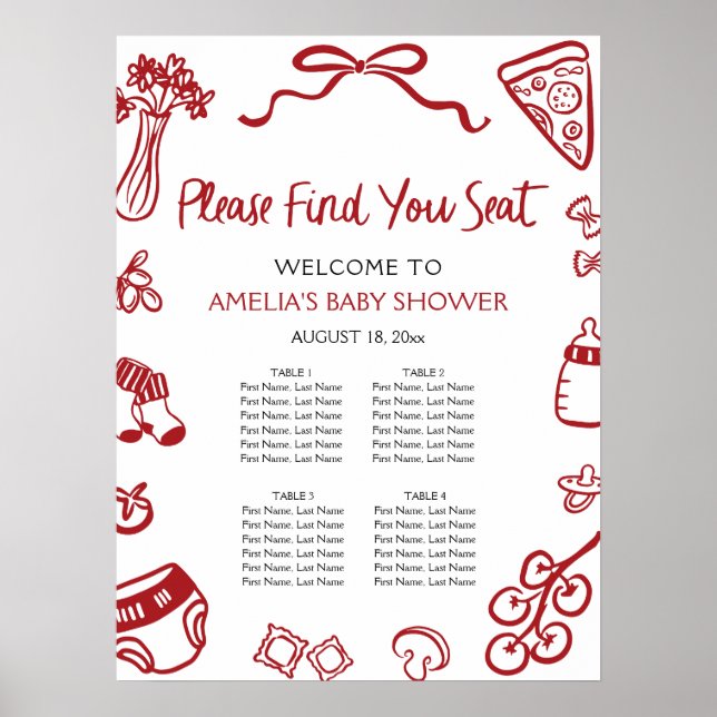 Poster Modern Red Hand Drawn Italian Pizza Seating Chart (Frente)