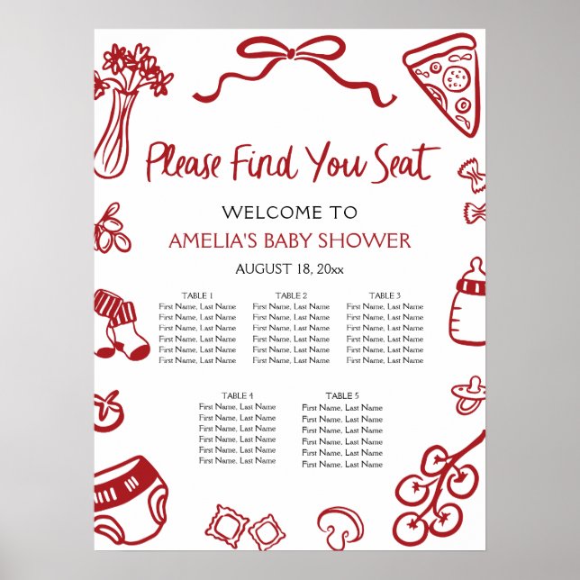 Poster Modern Red Hand Drawn Italian Pizza Seating Chart (Frente)