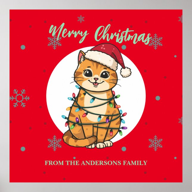 Poster Modern red merry cat snowflake Christmas kitten (Frente)