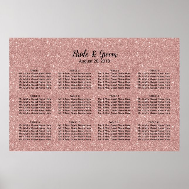 Poster Modern Rose Gold Glitter Wedding Seating Chart (Frente)