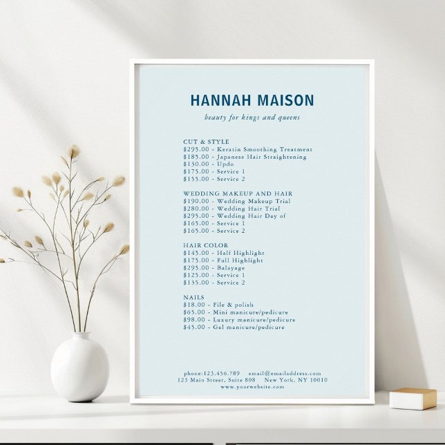 Poster Modern Simpel, Professional, Salon, Lista de Preço (Modern Simpel, Professional, Blue, Salon, Price List Poster)