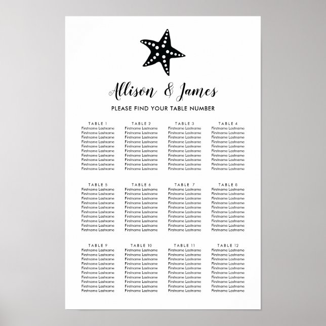 Poster Modern Starfish Wedding Seating Chart Sign (Frente)
