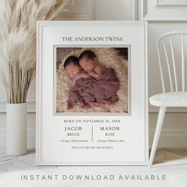 Poster Modern Sweet Twins Photo Birth Announcement (Criador carregado)