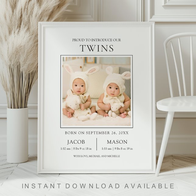 Poster Modern Sweet Twins Photo Birth Announcement (Criador carregado)