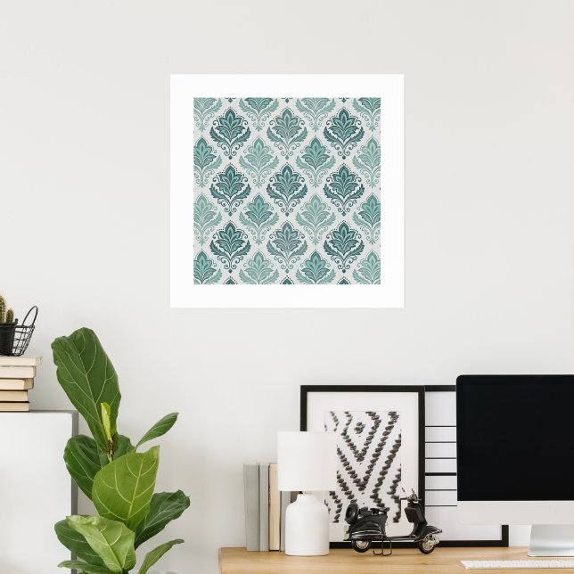 Poster Modern Teal Nordic Damask (Escritório em casa)