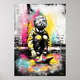 Poster Modern Urban Emotional Child Paper Boat Art