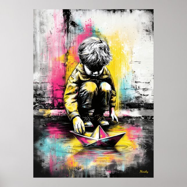 Poster Modern Urban Emotional Child Paper Boat Art (Frente)
