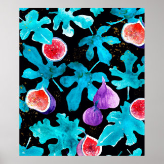 Poster Modern Watercolor Figs Fruit on Black Throw Pillow