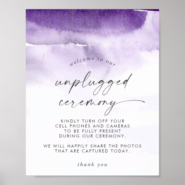 Poster Modern Watercolor | Purple Unplugged Ceremony Sign (Frente)