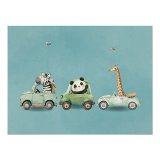 Pôster Modern Whimsical Animals in Vehicles Poster