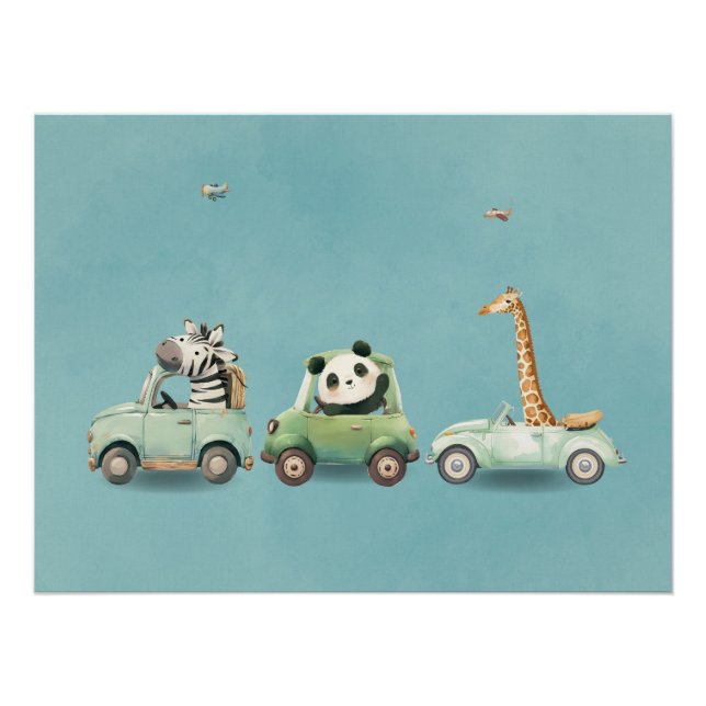 Pôster Modern Whimsical Animals in Vehicles Poster (Frente)