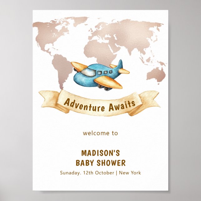 Poster Modern World Map Airplane Boy Baby Shower Welcome (Frente)