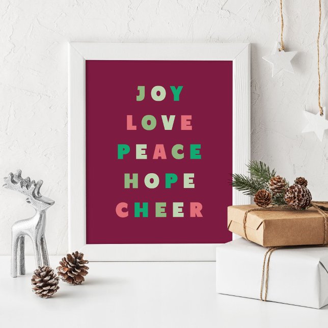 Poster Moderna Tipografia Joy Love Peace Esperança Natal (Christmas poster with the words, "joy love peace hope cheer" in a modern font)