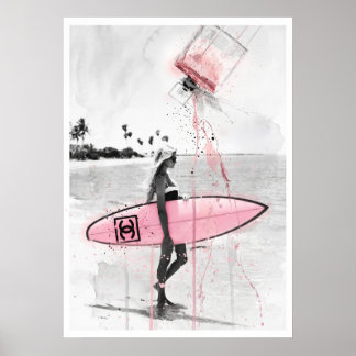 Poster Moderne Fashion Collage: Surferin am Strand mit ro