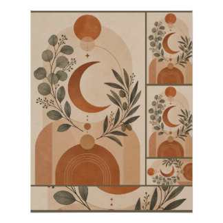 Pôster Moderno Boho Crescente & Ramo de Oliveira
