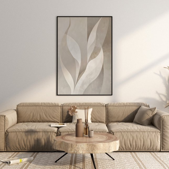 Poster Moderno Neutro Deixa Arte Estética De Parede (Modern Neutral Leaves Aesthetic Wall Art in a beautiful beige neutral boho luxe living room.)