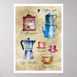 Poster Moderno Potes de Café Vintage Grinder Watercolor A