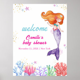 Poster Moderno sob o Mar Sereia Chá de fraldas Coral Bem-