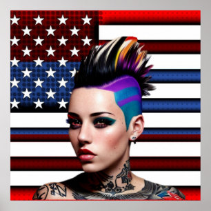 Poster Mohawk Punk Girl with American Flag