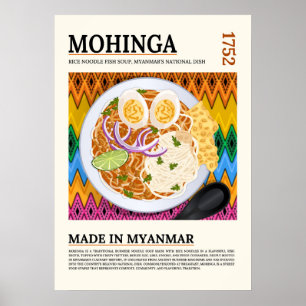 Poster Mohinga Sopa Tradicional de Macarrão de Peixe Birm