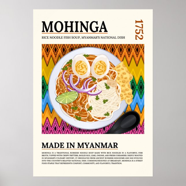 Poster Mohinga Sopa Tradicional de Macarrão de Peixe Birm (Frente)