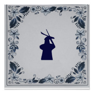 Pôster Moinho azul de azulejo em Delft