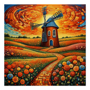 Pôster Moinho de vento no pôr do sol 1