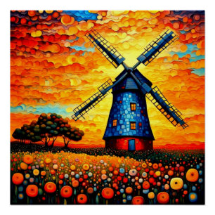 Pôster Moinho de vento no pôr do sol 2