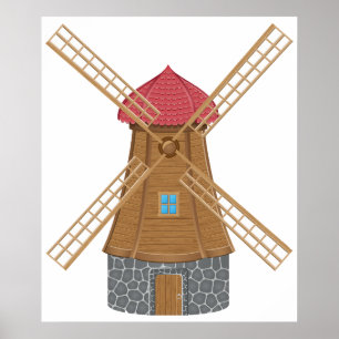 Poster Moinho de Vento Tradicional Rústico de Madeira