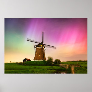 Poster Moinho de vento tradicional sob a Aurora Boreal