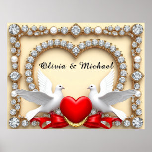 Poster Moldura de Coração de Casamento Romântico com Pomb