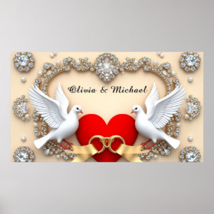 Poster Moldura de Coração de Casamento Romântico com Pomb