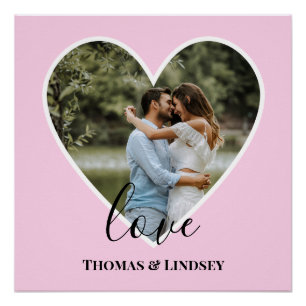 Pôster Moldura de Coração Rosa Foto Personalizada Caligra