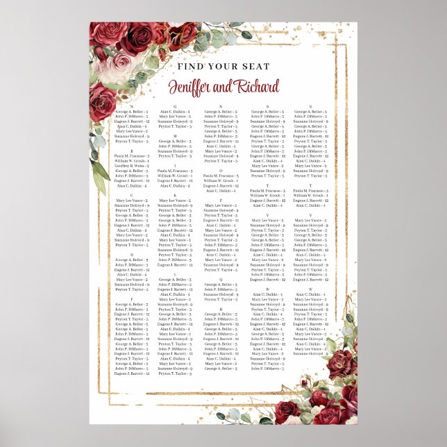 Poster Moldura de ouro floral Blush e Burgundy Alfabética (Frente)