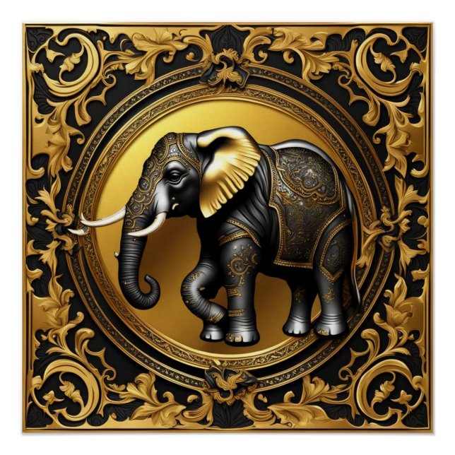 Pôster Moldura decorativa de ouro elefante (Frente)