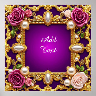 Poster Moldura Dourada Com Rosas e Pérolas Elegantes