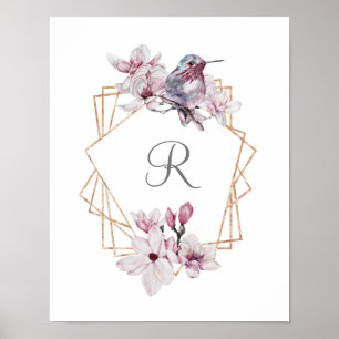 Poster Moldura Dourada de Magnólias Brancas Rosa Monogram