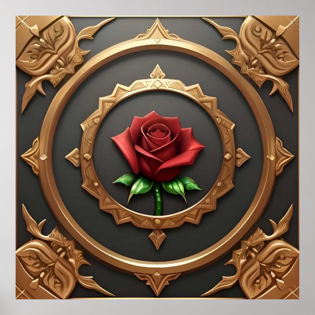 Poster Moldura Dourada Intrincada com Rosa Vermelha (Frente)
