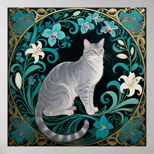 Poster Moldura Floral Ornamentada de Gato Cinza
