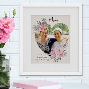 Poster Moldura Floral Rosa em Formato de Coração Dourado