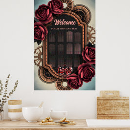 Poster Moldura Steampunk com Rosas vermelhas e engrenagen